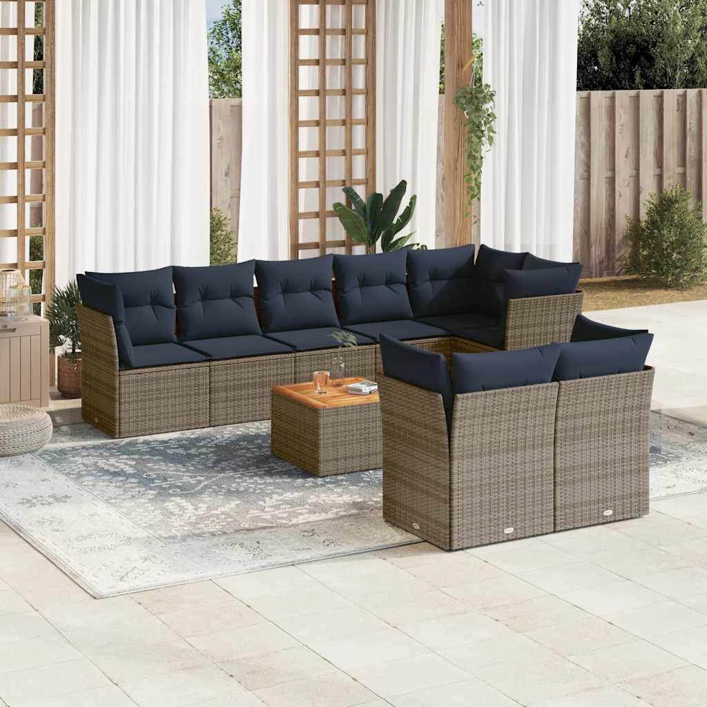 9-tlg. Garten-Sofagarnitur mit Kissen Grau Poly Rattan