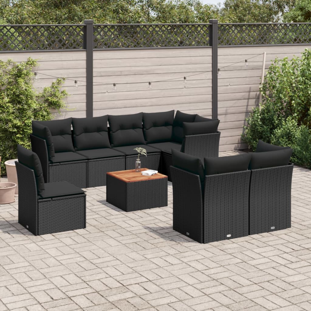 9-tlg. Garten-Sofagarnitur mit Kissen Schwarz Poly Rattan