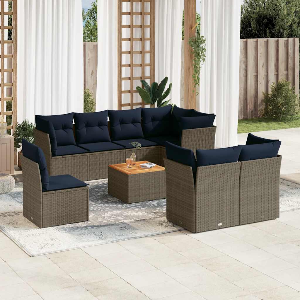 9-tlg. Garten-Sofagarnitur mit Kissen Grau Poly Rattan