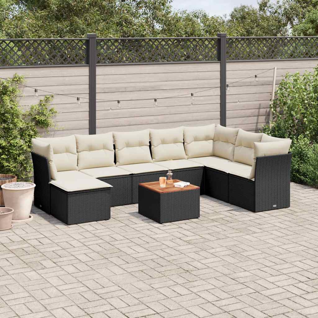 9-tlg. Garten-Sofagarnitur mit Kissen Schwarz Poly Rattan