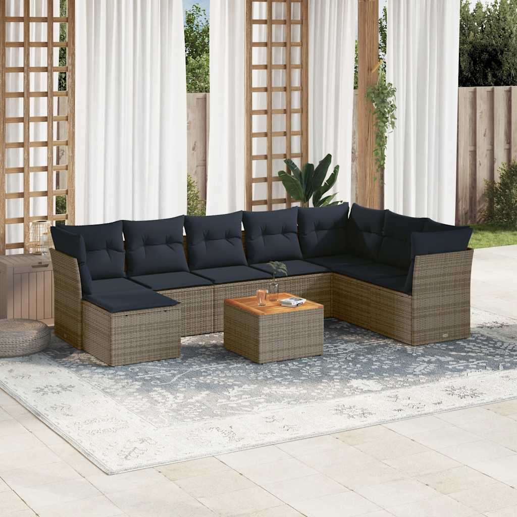 9-teiliges Gartensofa-Set mit Kissen, grau, Polyrattan