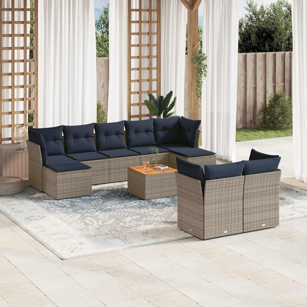 10-teiliges Gartensofa-Set mit Kissen, grau, Polyrattan