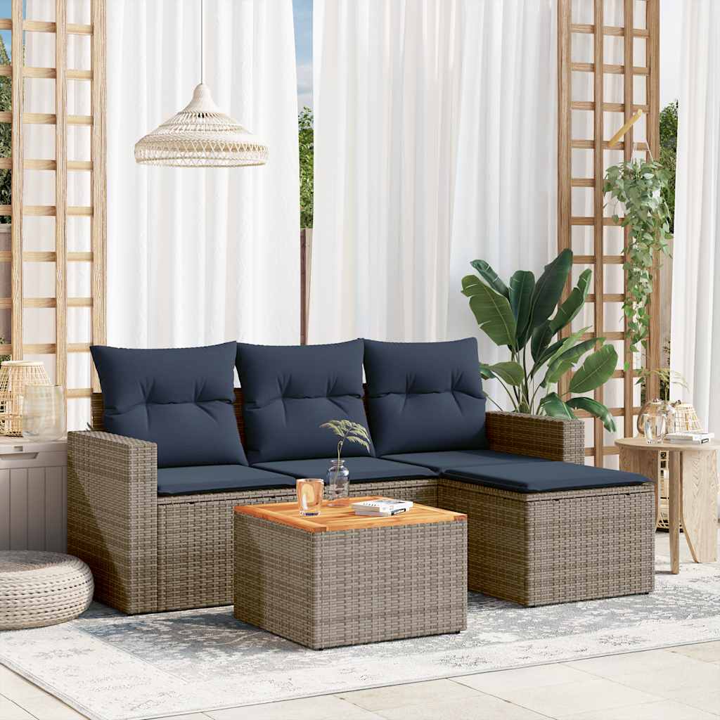 5-teiliges Gartensofa-Set mit Kissen, grau, Polyrattan
