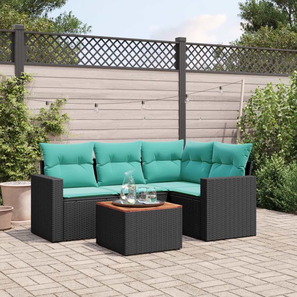 5-tlg. Garten-Sofagarnitur mit Kissen Schwarz Poly Rattan