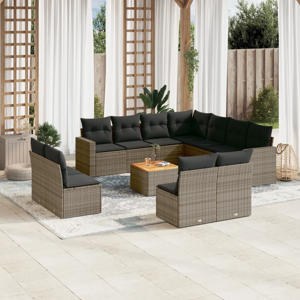 12-tlg. Garten-Sofagarnitur mit Kissen Grau Poly Rattan