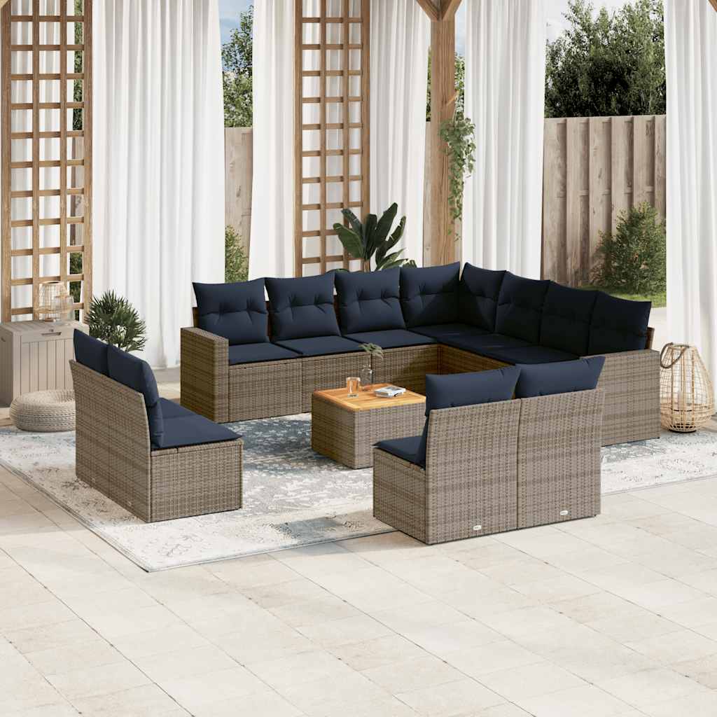 12-tlg. Garten-Sofagarnitur mit Kissen Grau Poly Rattan