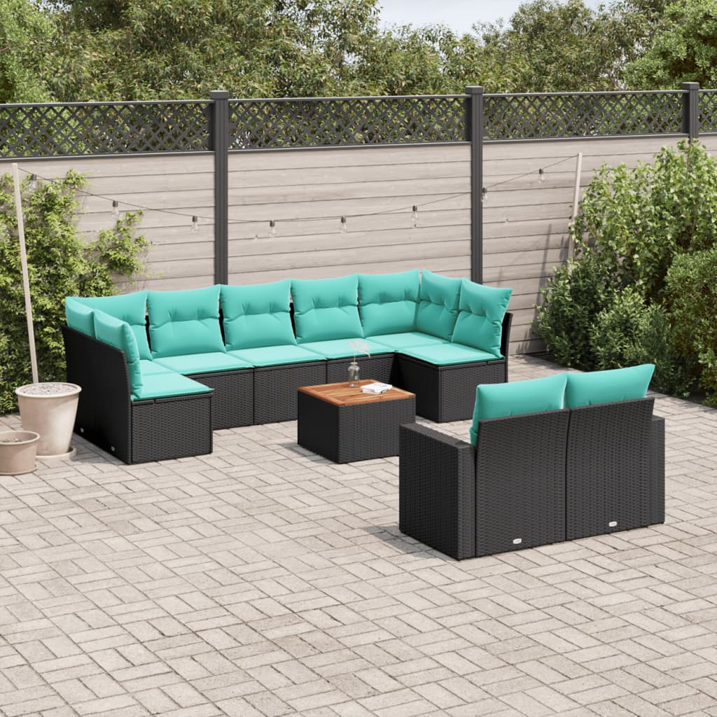 10-tlg. Garten-Sofagarnitur mit Kissen Schwarz Poly Rattan