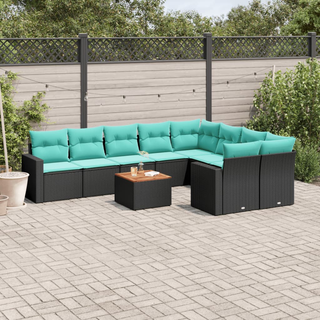 10-tlg. Garten-Sofagarnitur mit Kissen Schwarz Poly Rattan