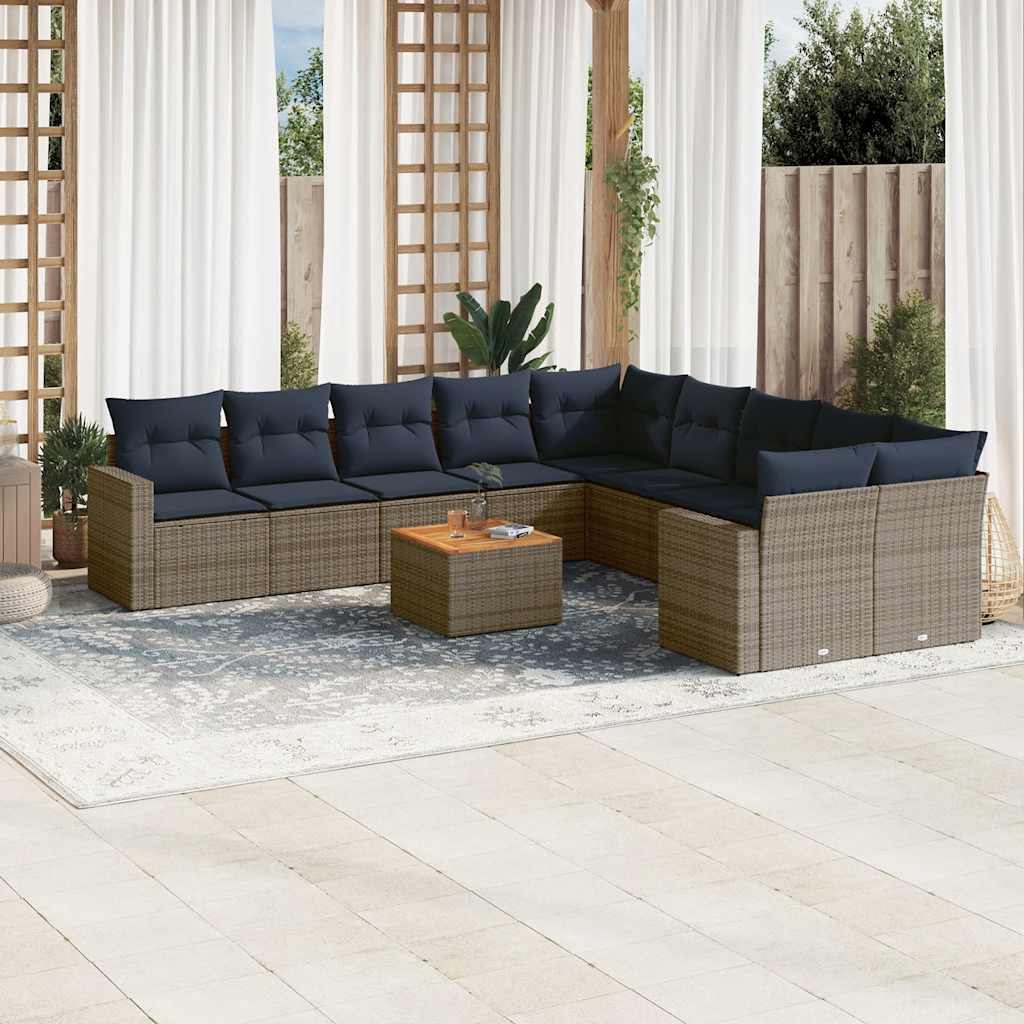 11-tlg. Garten-Sofagarnitur mit Kissen Grau Poly Rattan