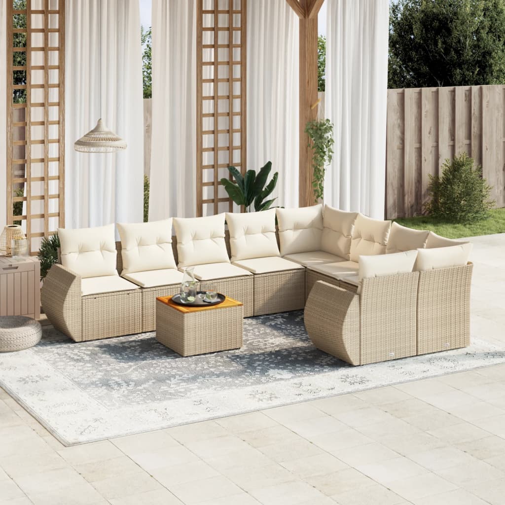 9-tlg. Garten-Sofagarnitur mit Kissen Beige Poly Rattan