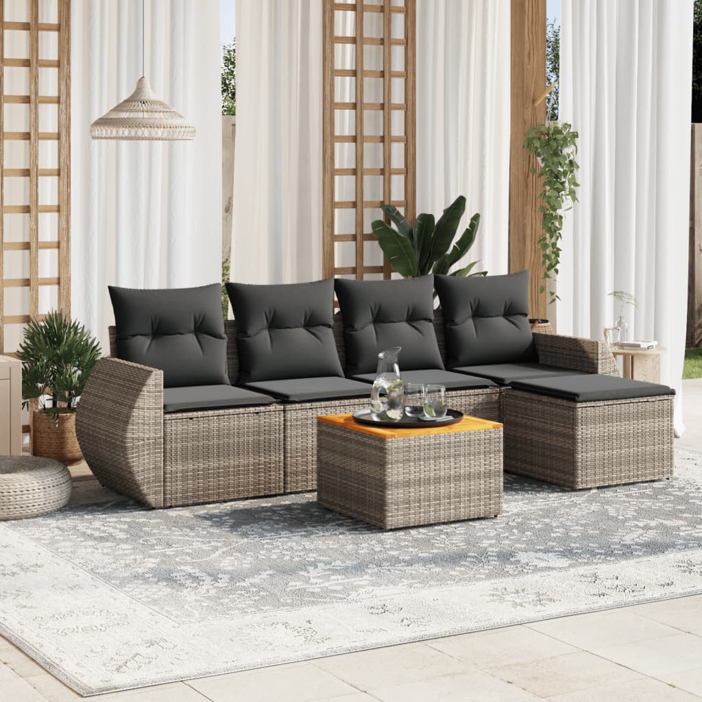 6-tlg. Garten-Sofagarnitur mit Kissen Grau Poly Rattan