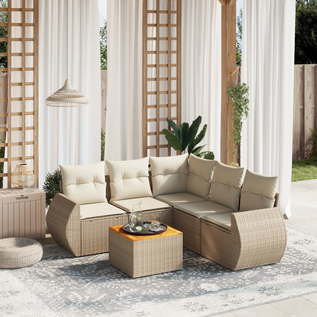 6-tlg. Garten-Sofagarnitur mit Kissen Beige Poly Rattan