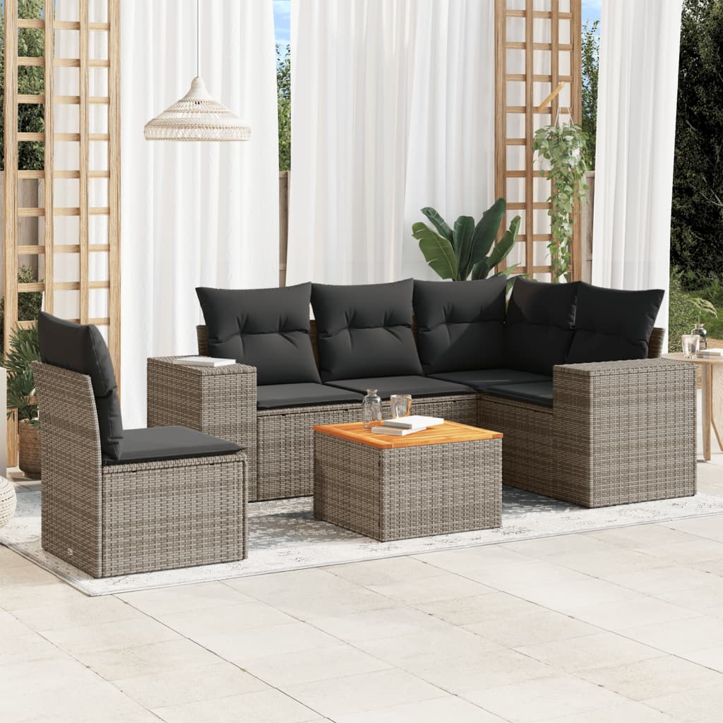 6-tlg. Garten-Sofagarnitur mit Kissen Grau Poly Rattan