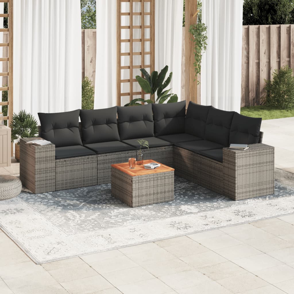 7-tlg. Garten-Sofagarnitur mit Kissen Grau Poly Rattan