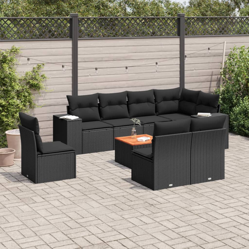 9-tlg. Garten-Sofagarnitur mit Kissen Schwarz Poly Rattan