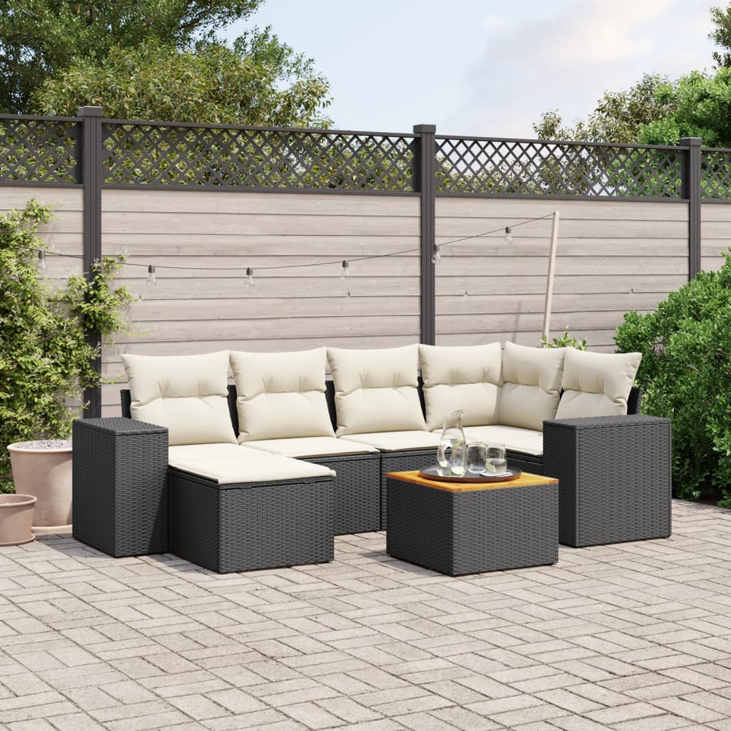 7-tlg. Garten-Sofagarnitur mit Kissen Schwarz Poly Rattan