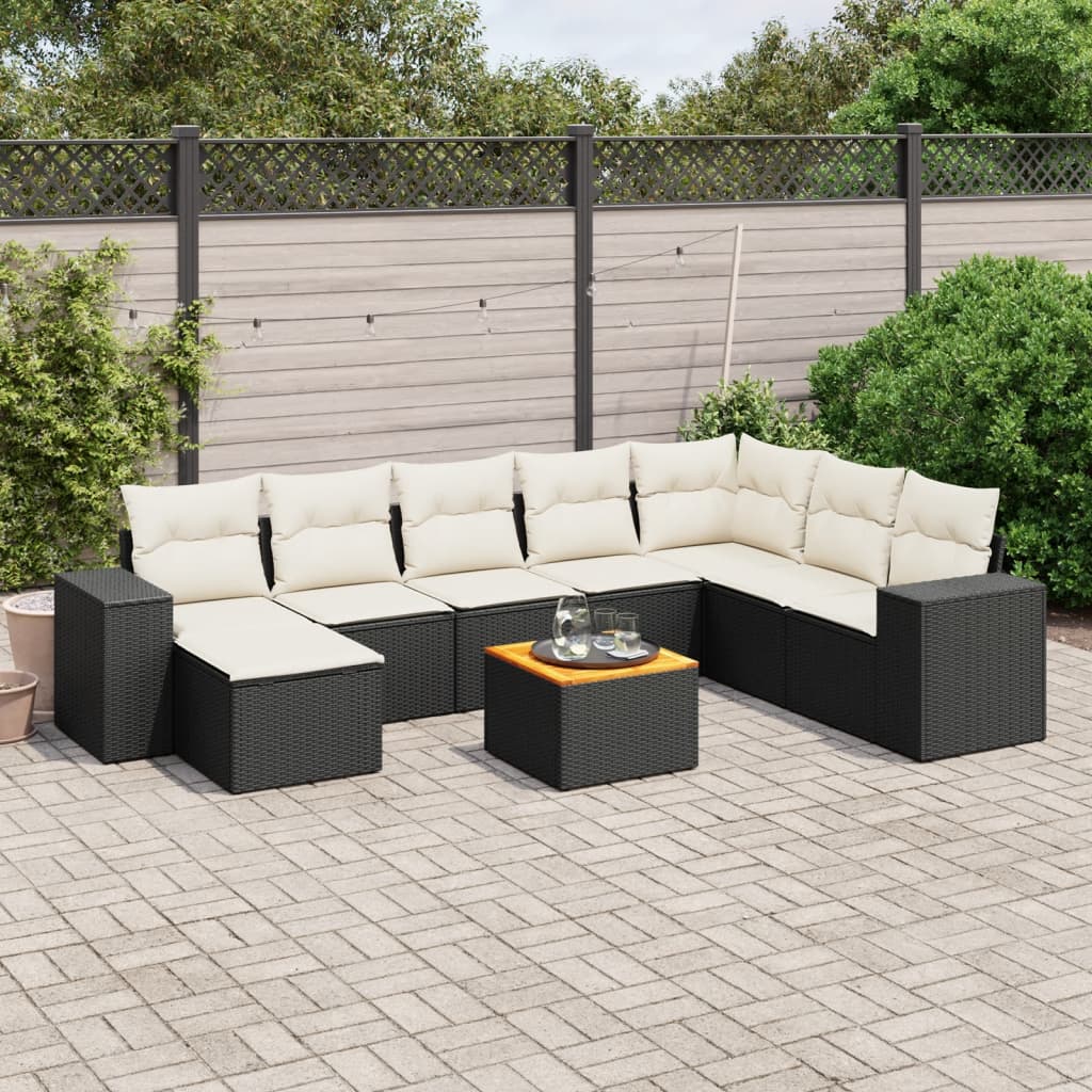 9-tlg. Garten-Sofagarnitur mit Kissen Schwarz Poly Rattan