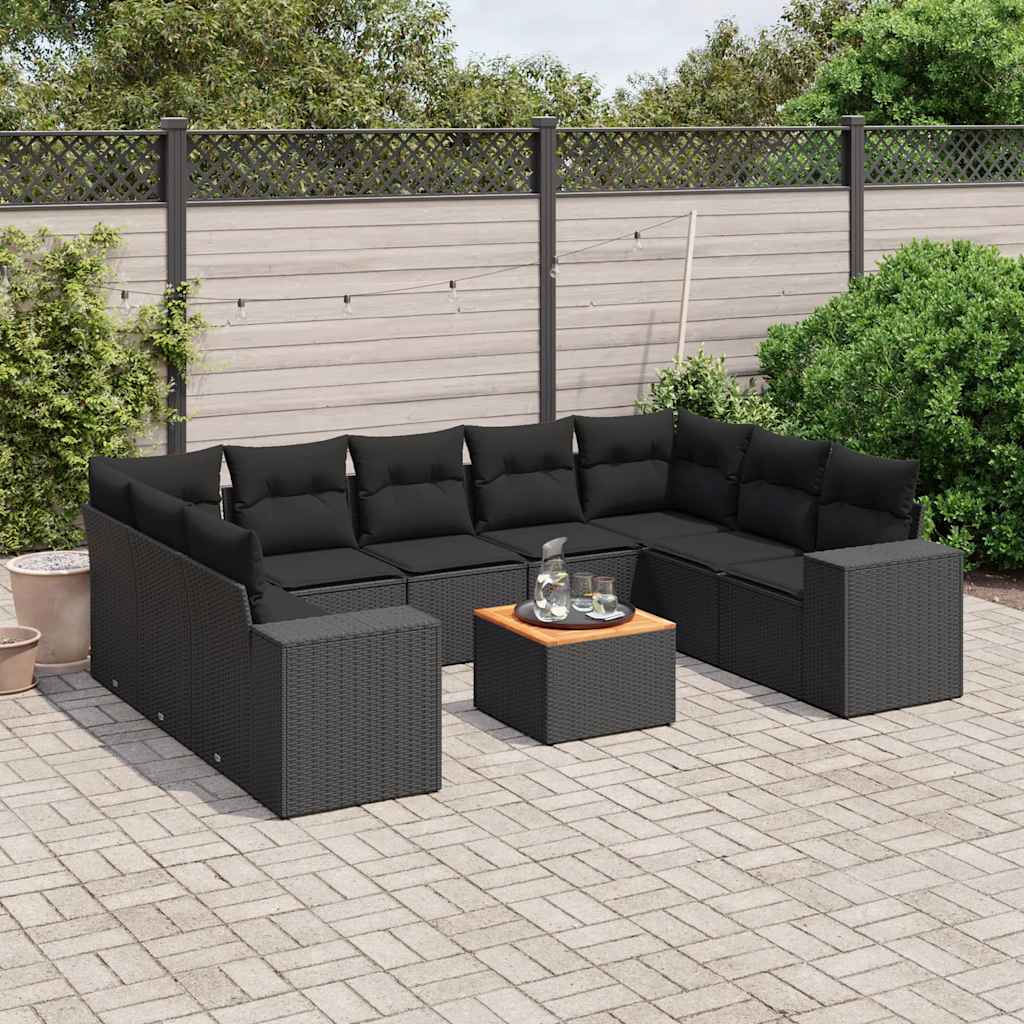 10-tlg. Garten-Sofagarnitur mit Kissen Schwarz Poly Rattan