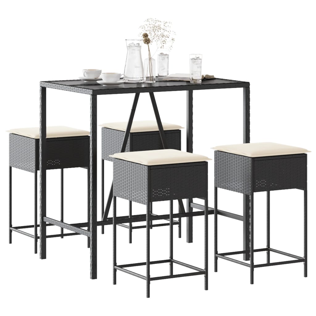 5-tlg. Gartenbar-Set mit Kissen Schwarz Poly Rattan