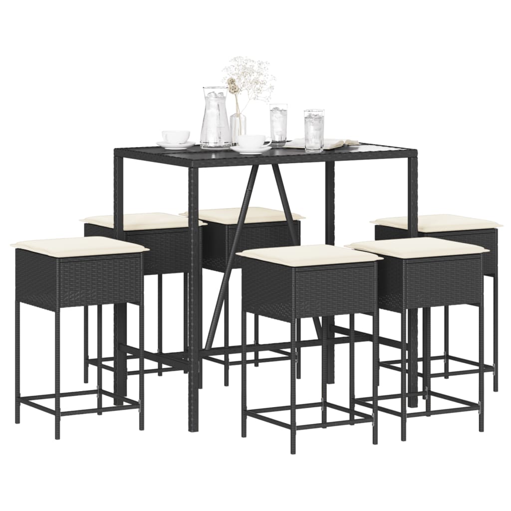 7-tlg. Gartenbar-Set mit Kissen Schwarz Poly Rattan