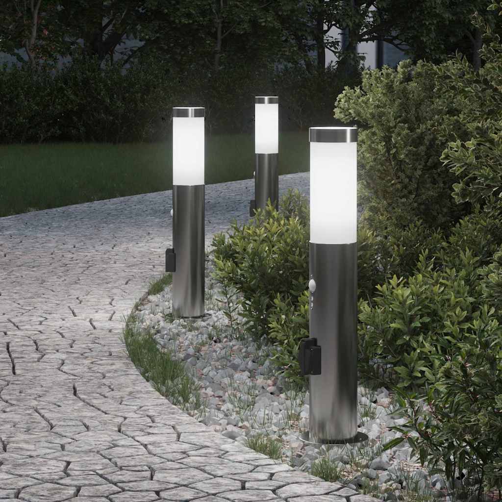 Pollerleuchten mit Sensor&Steckdose 3er 50 cm Edelstahl IP44