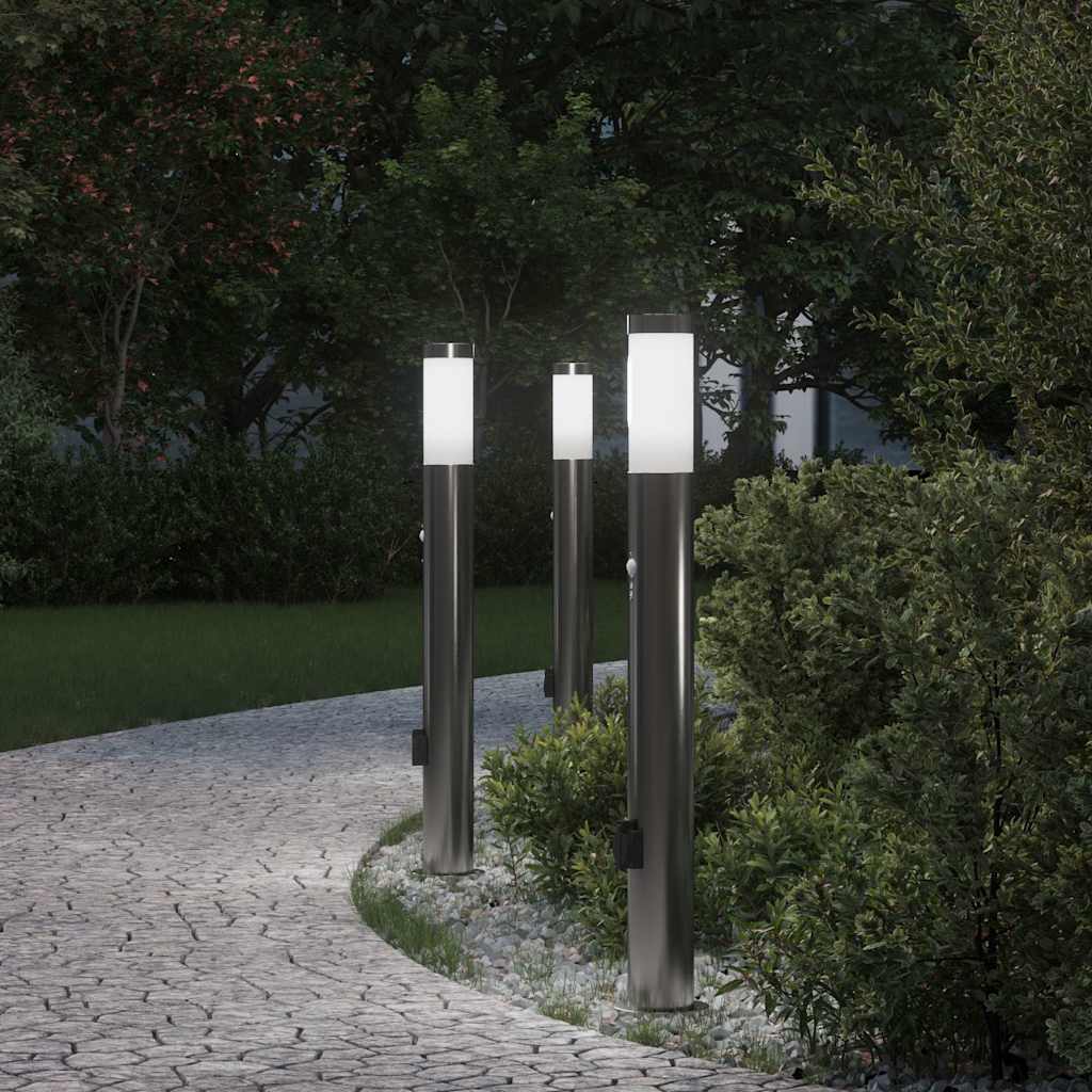 Pollerleuchten mit Sensor&Steckdose 3er 80 cm Edelstahl IP44