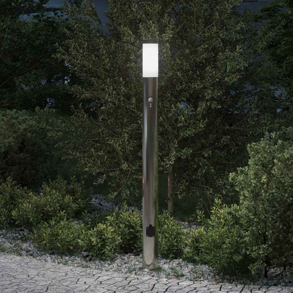 Pollerleuchte mit Sensor und Steckdose 110 cm Edelstahl IP44