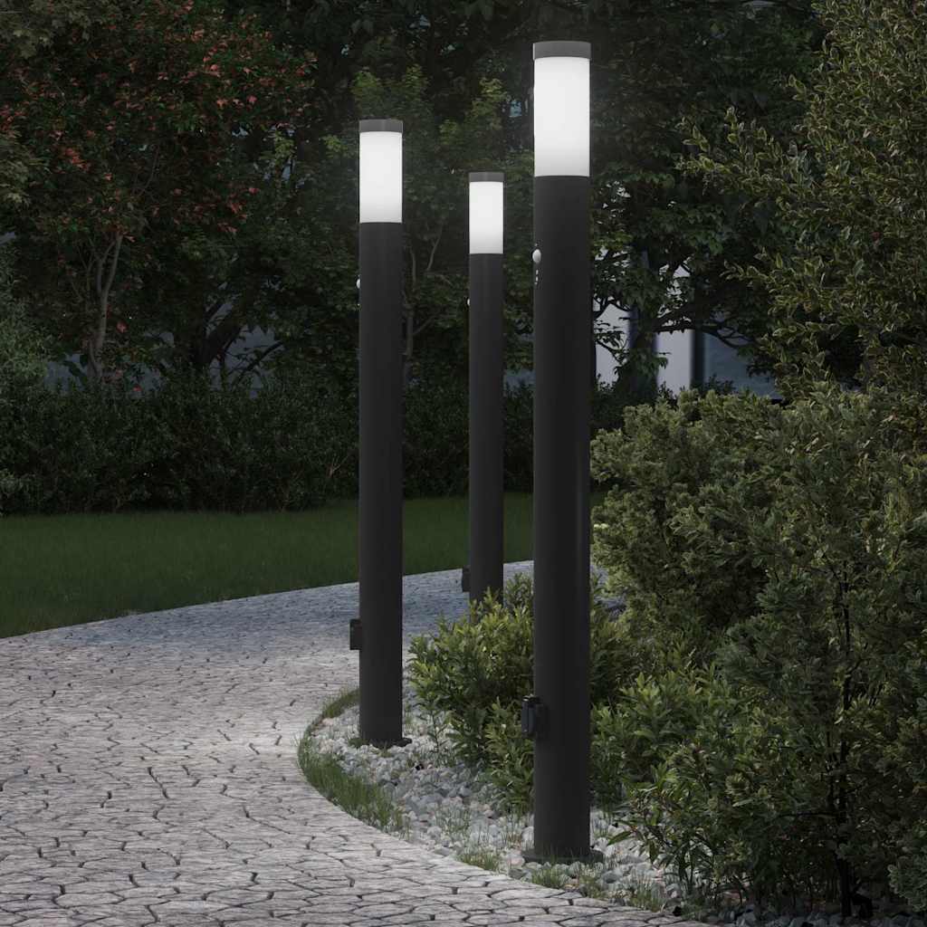 Pollerleuchten mit Sensor&Steckdose 3er 110 cm Edelstahl IP44