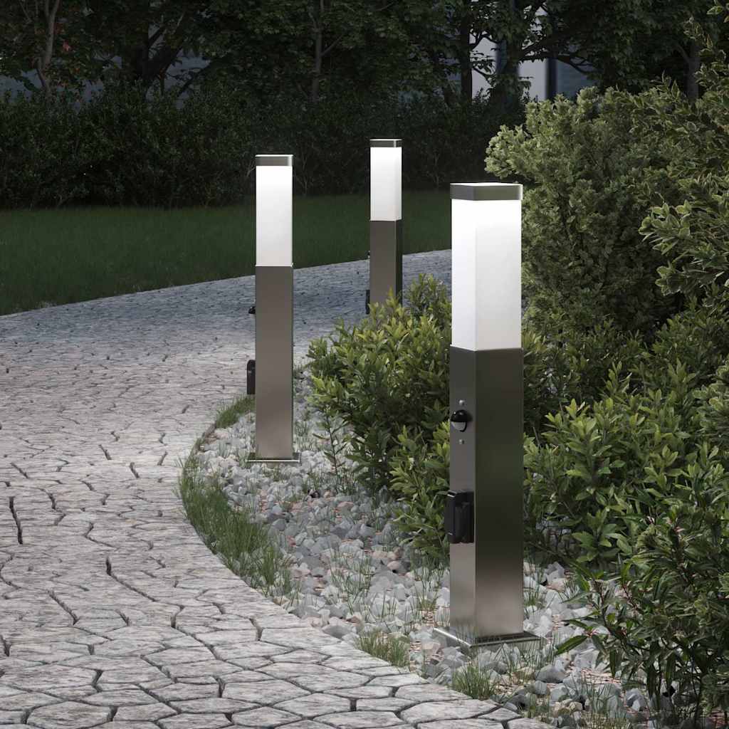 Pollerleuchten mit Sensor&Steckdose 3 Stk. 50 cm Edelstahl IP44