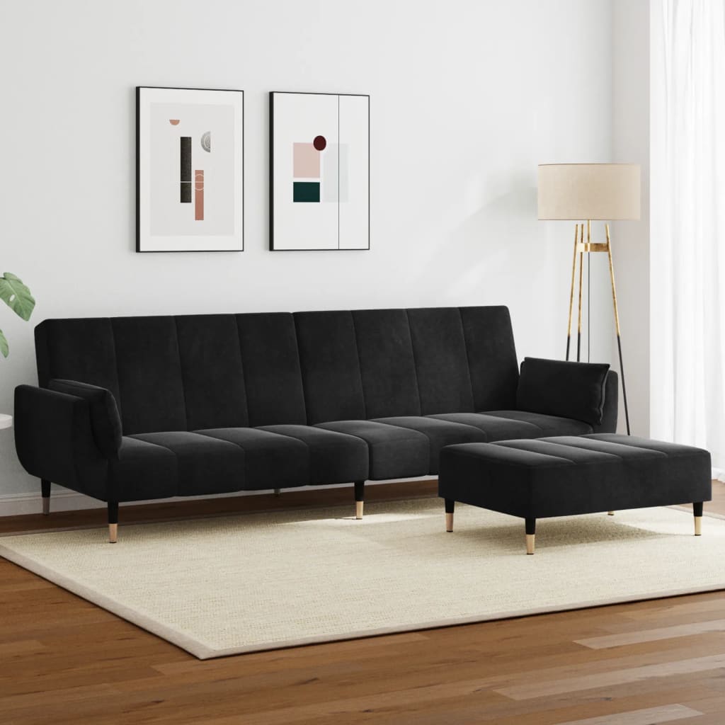 Schlafsofa 2-Sitzer mit Fußhocker Schwarz Samt