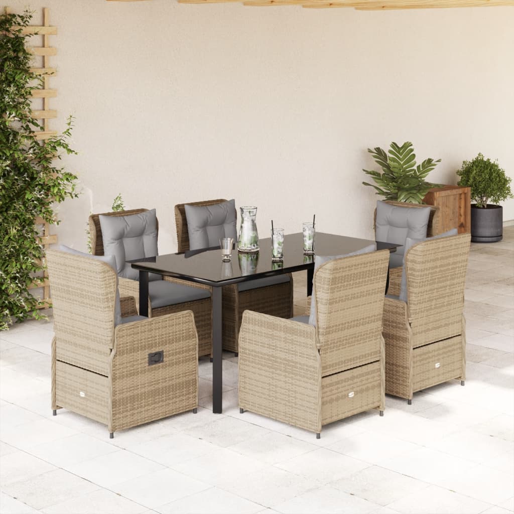 7-tlg. Garten-Essgruppe mit Kissen Beige Poly Rattan