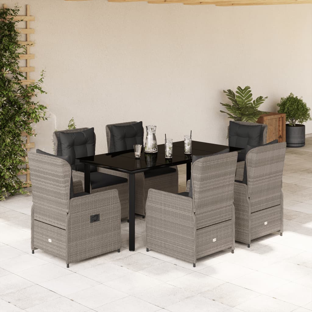 7-tlg. Garten-Essgruppe mit Kissen Hellgrau Poly Rattan