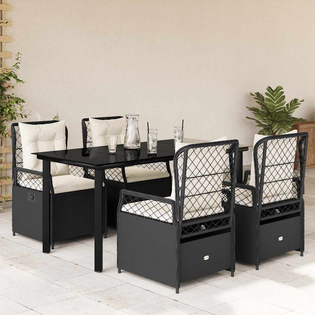 5-tlg. Garten-Essgruppe mit Kissen Schwarz Poly Rattan