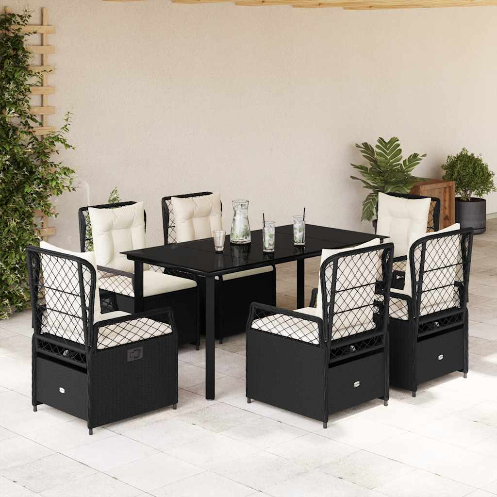 7-tlg. Garten-Essgruppe mit Kissen Schwarz Poly Rattan