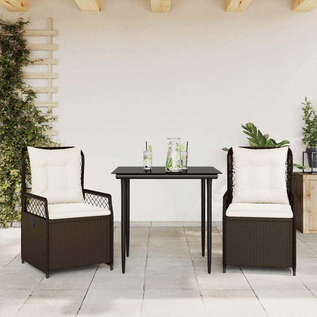 3-tlg. Garten-Essgruppe mit Kissen Braun Poly Rattan
