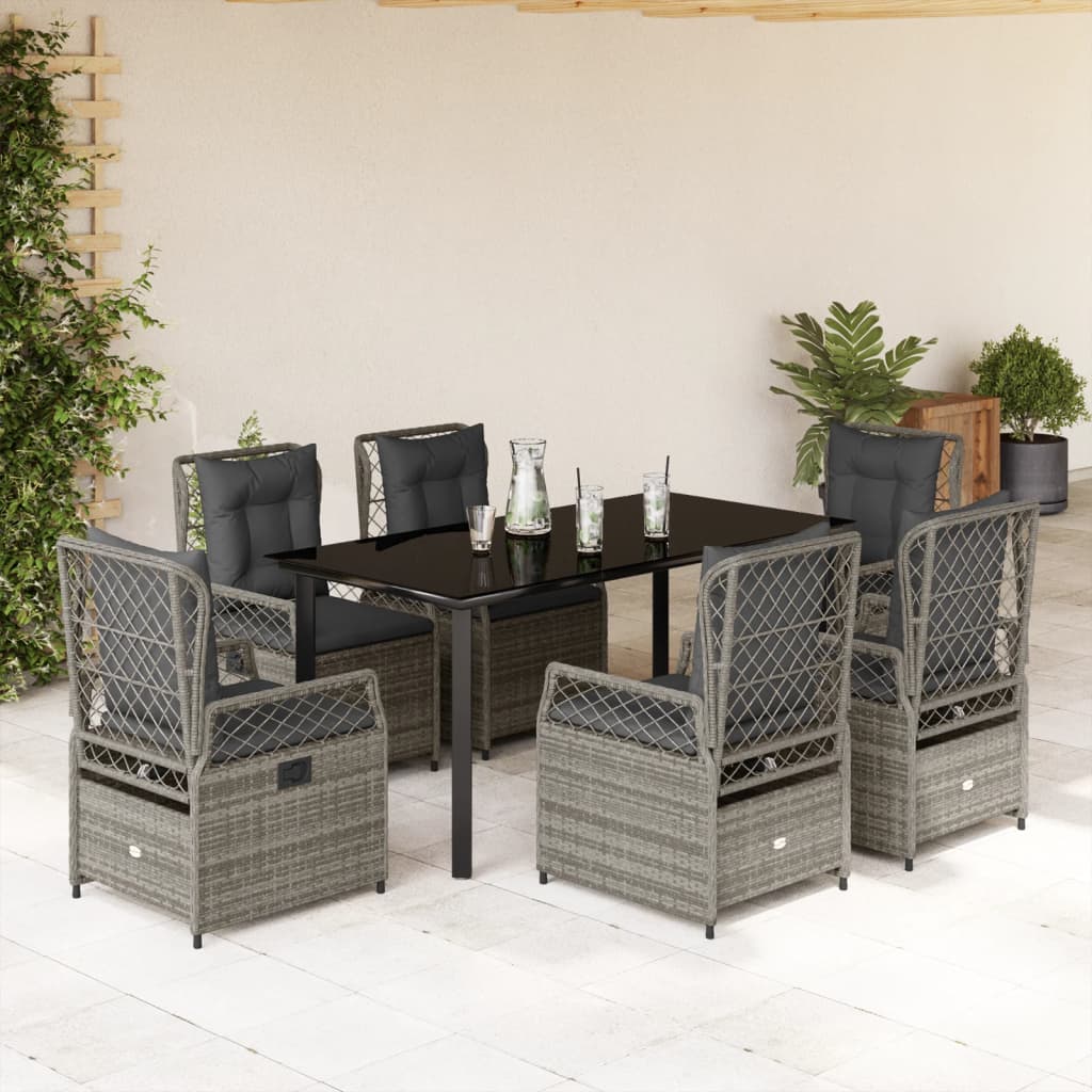 7-tlg. Garten-Essgruppe mit Kissen Grau Poly Rattan