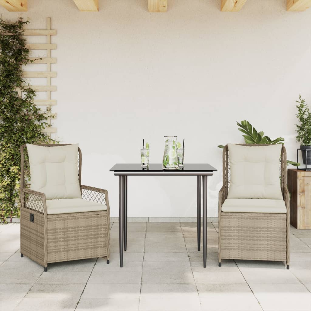 3-tlg. Garten-Essgruppe mit Kissen Beige Poly Rattan