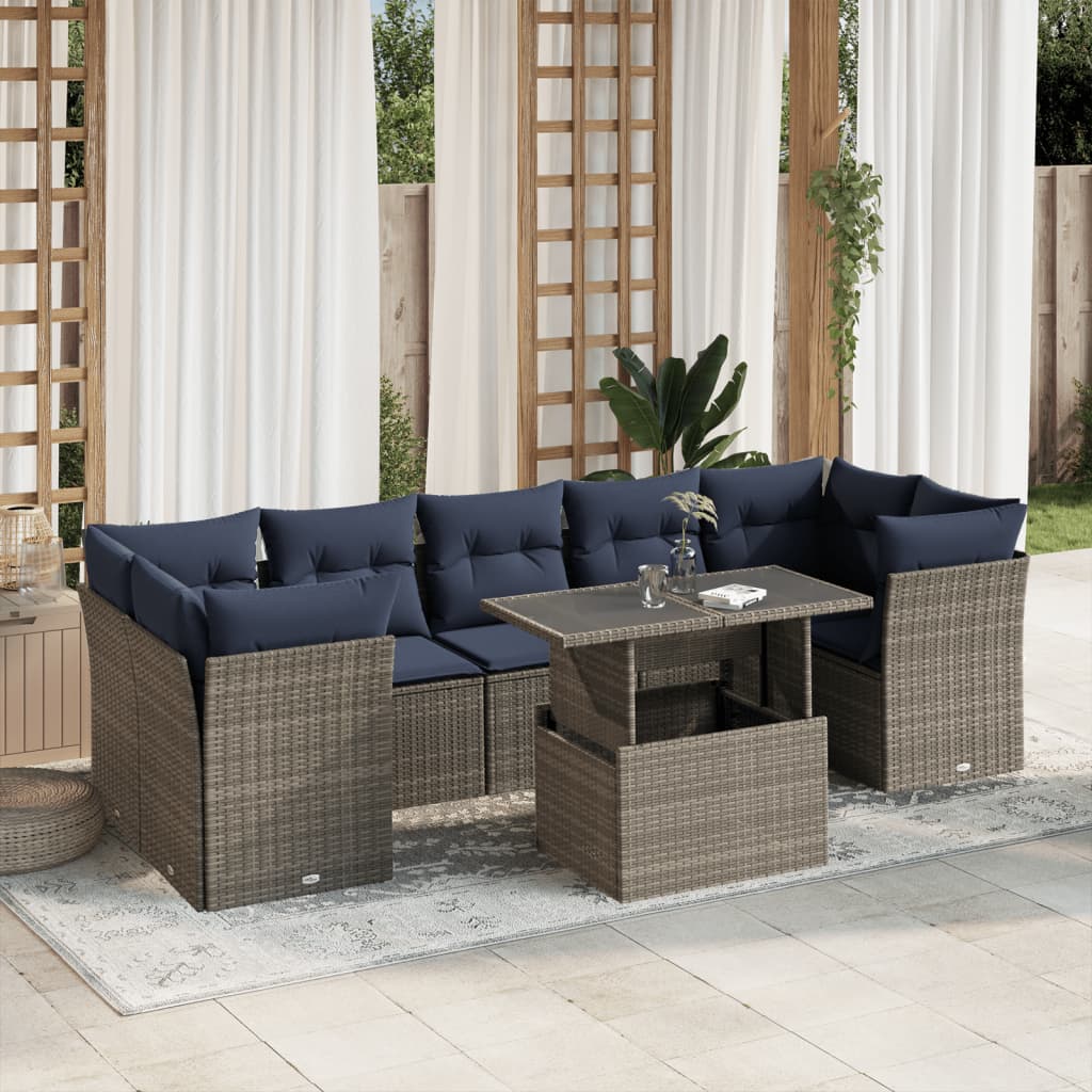 8-teiliges Gartensofa-Set mit Kissen, grau, Polyrattan