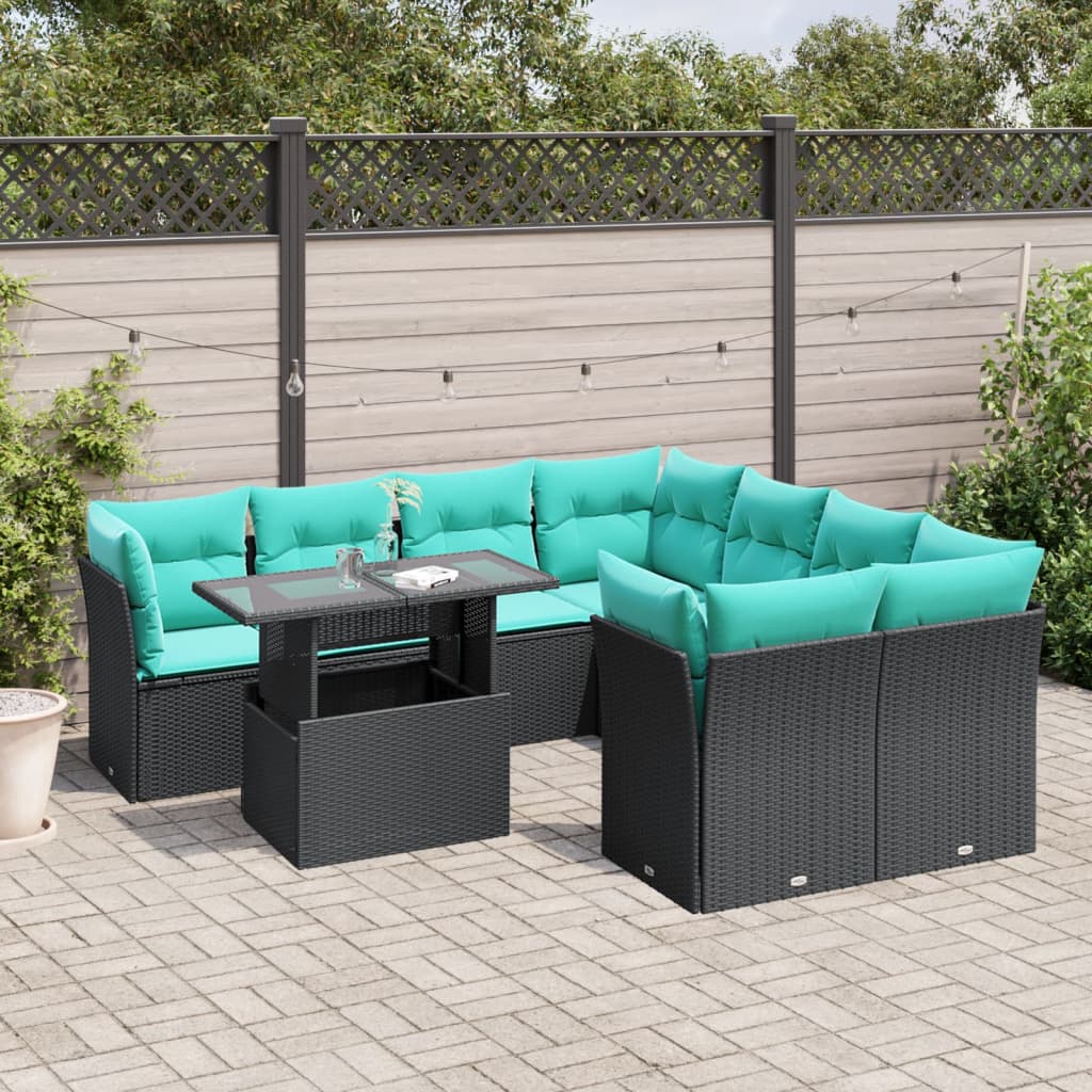 9-teiliges Gartensofa-Set mit Kissen, schwarzes Polyrattan