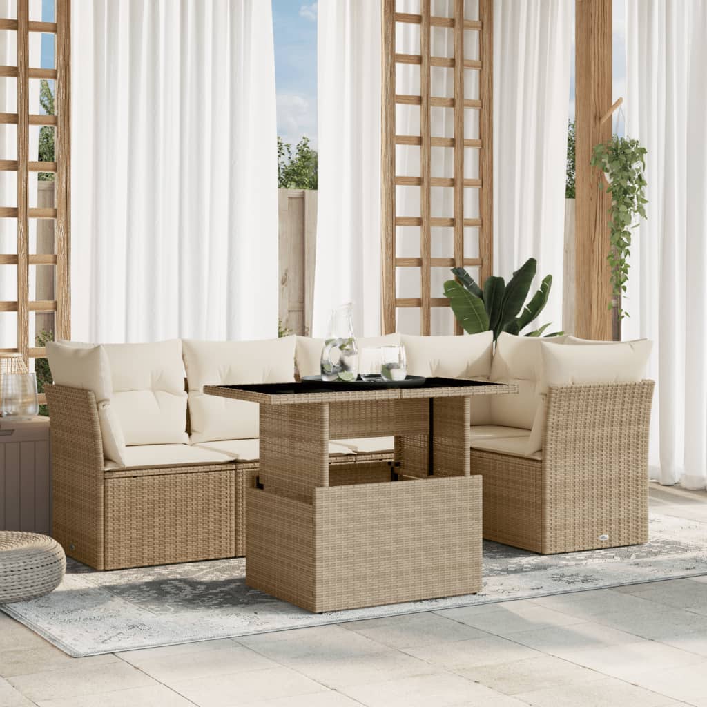 6-tlg. Garten-Sofagarnitur mit Kissen Beige Poly Rattan
