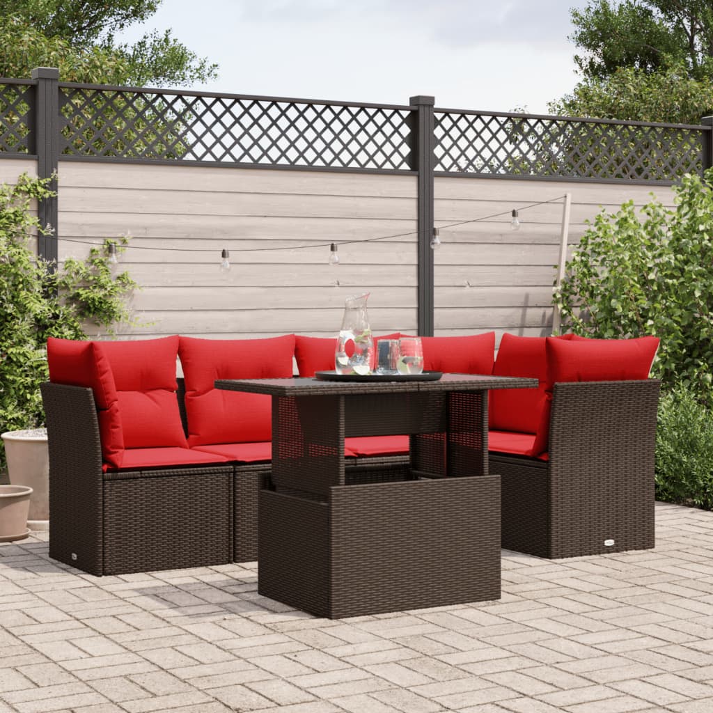 6-teiliges Gartensofa-Set mit Kissen, braun, Polyrattan