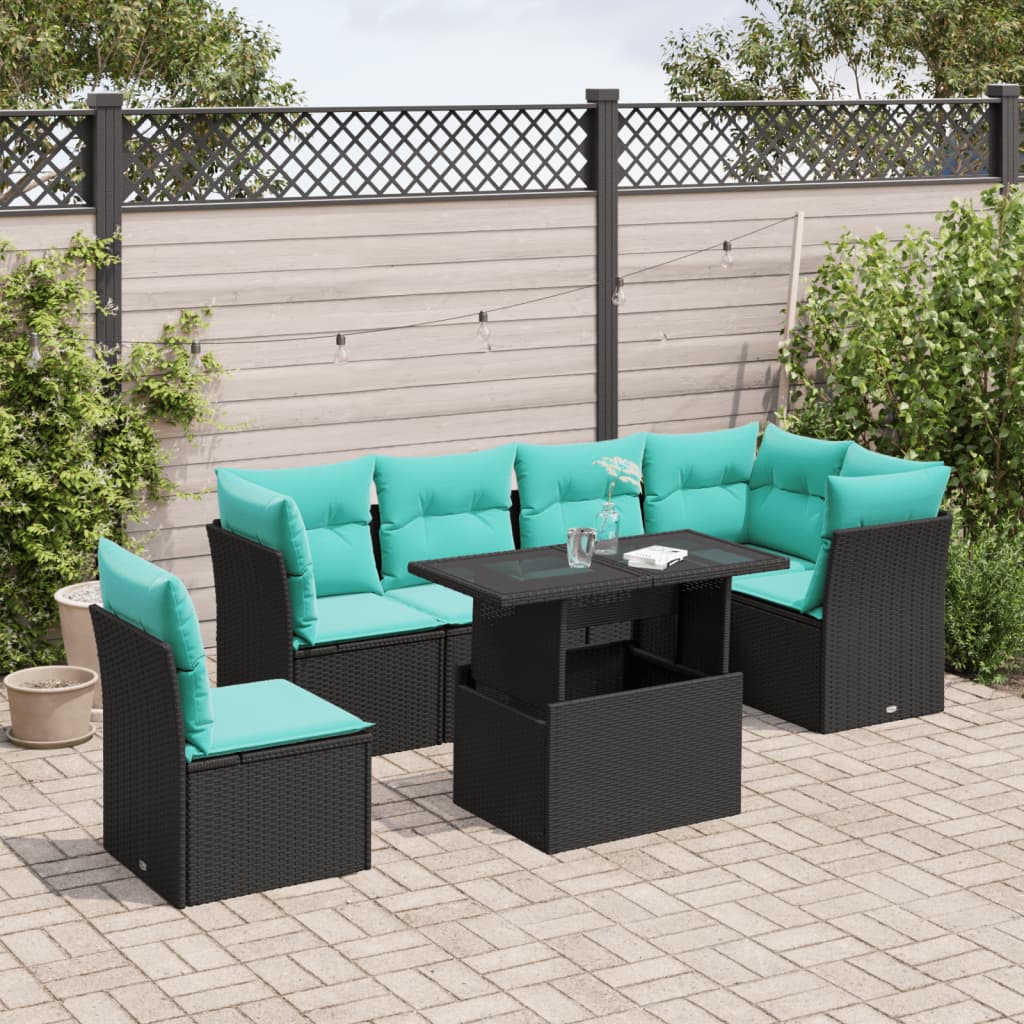 7-teiliges Gartensofa-Set mit Kissen, schwarzes Polyrattan