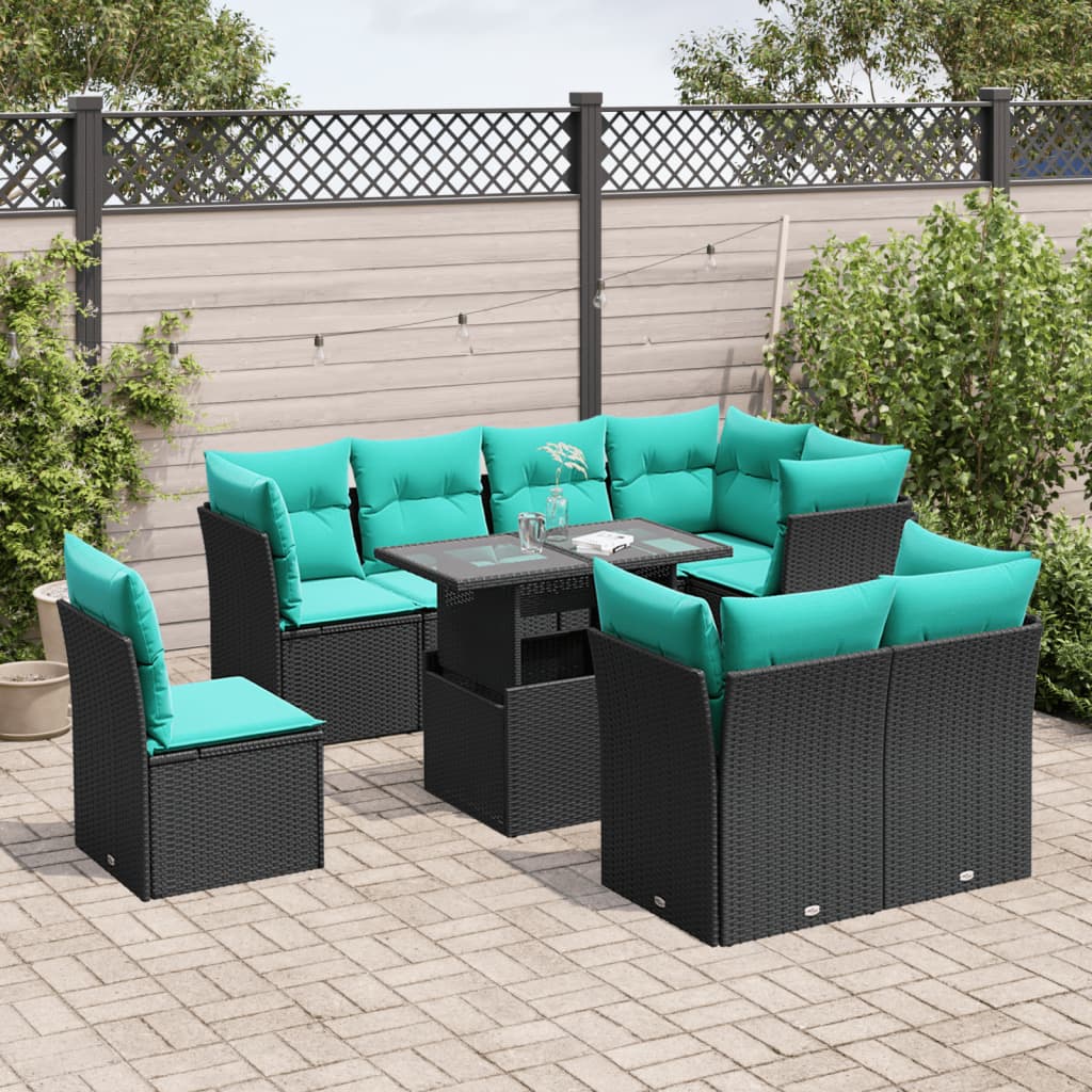 9-teiliges Gartensofa-Set mit Kissen, schwarzes Polyrattan