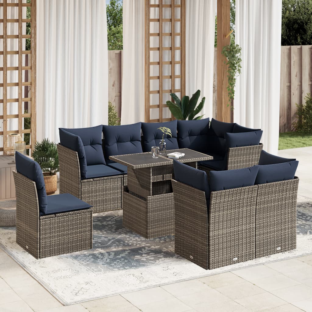 9-teiliges Gartensofa-Set mit Kissen, grau, Polyrattan