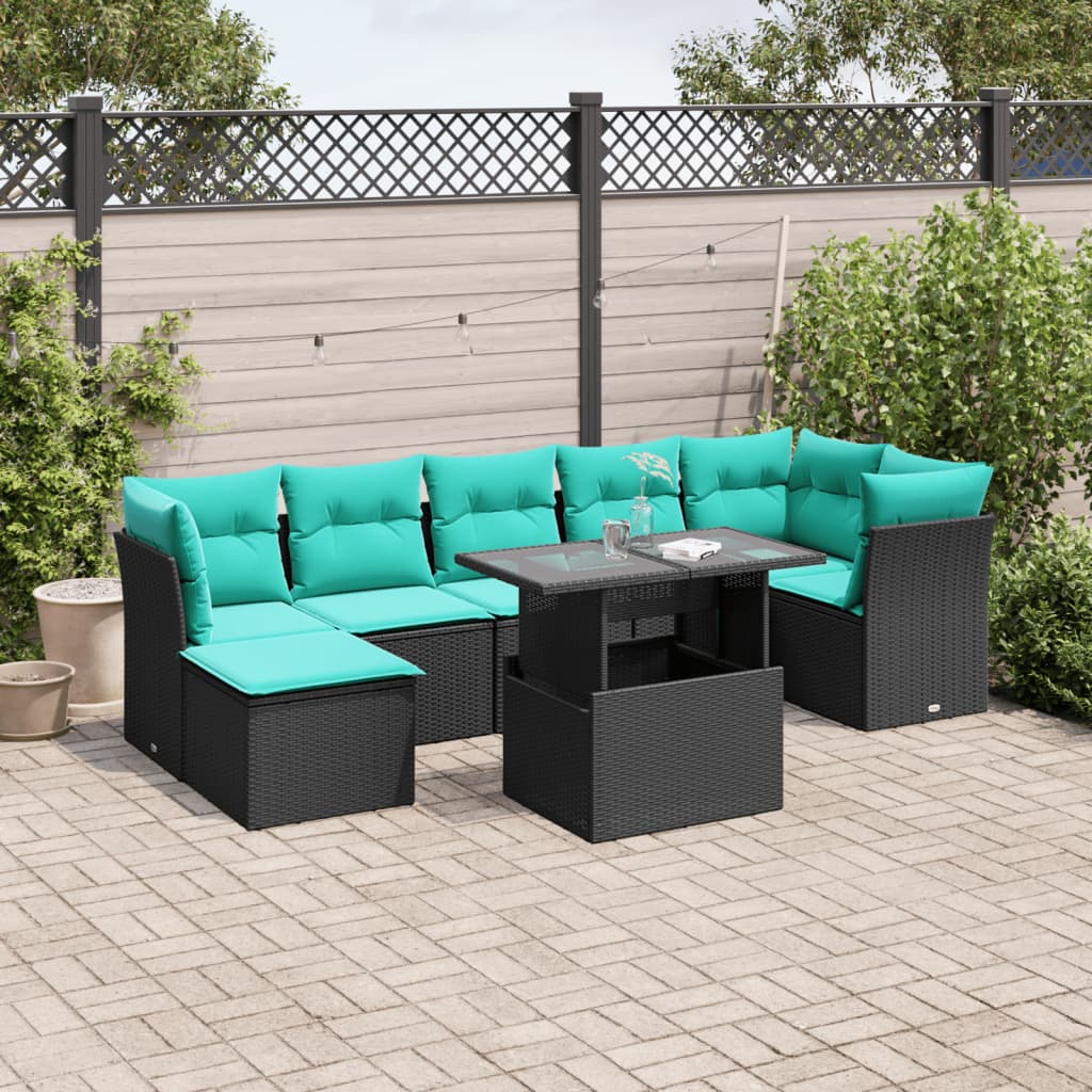 8-teiliges Gartensofa-Set mit Kissen, schwarzes Polyrattan