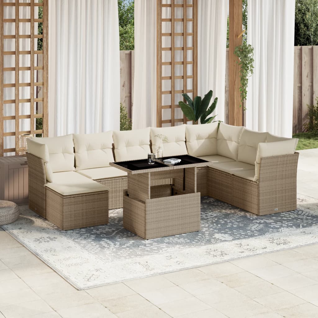 9-tlg. Garten-Sofagarnitur mit Kissen Beige Poly Rattan
