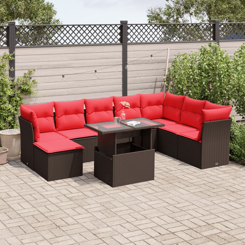 9-teiliges Gartensofa-Set mit Kissen, braun, Polyrattan