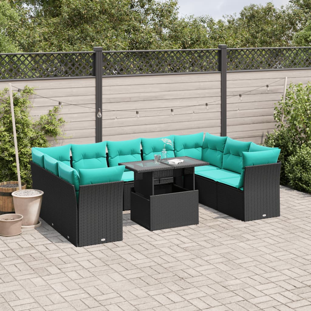 10-teiliges Gartensofa-Set mit Kissen, schwarzes Polyrattan