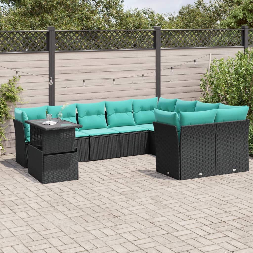 10-teiliges Gartensofa-Set mit Kissen, schwarzes Polyrattan