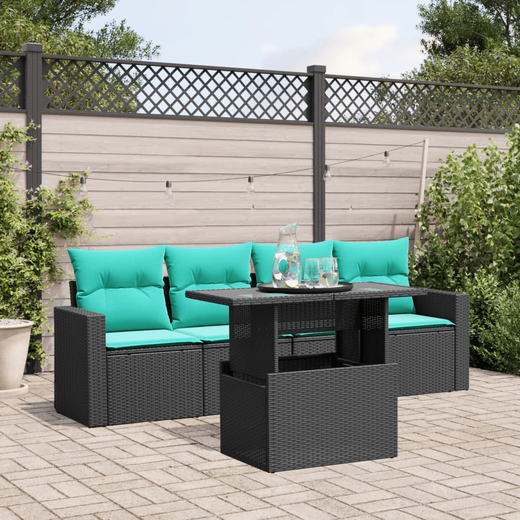 5-teiliges Gartensofa-Set mit Kissen, schwarzes Polyrattan